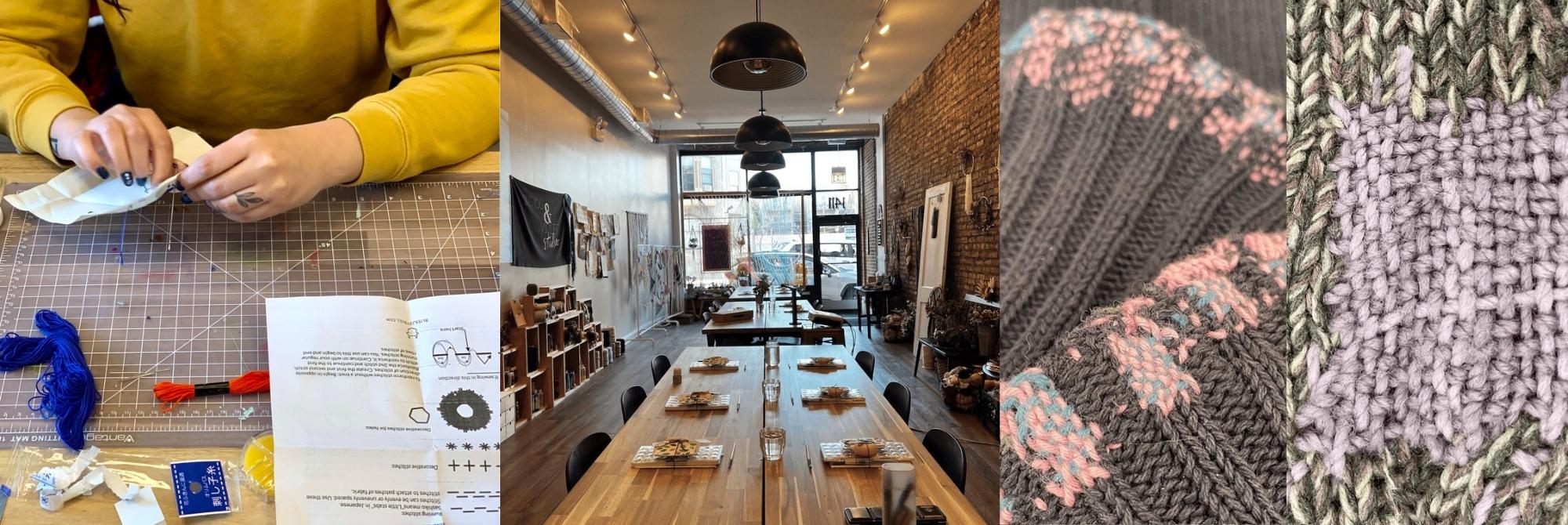 person working on mending stitches at wooden table - interior photo of indigo & violet studio - two photos of darning samples on sweaters