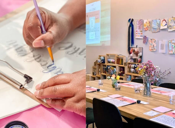 photo of hands tracing letters on paper and photo of interior of indigo and violet studio setup for brush lettering by Sip & Script - Friday June 7