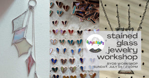 stained glass jewelry or windchime workshop on sunday july 14 at 2:30pm at indigo and violet studio taught by artist molly brodzeller